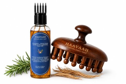 Image of 28 Teeth Natural Wood Hair and Scalp Massager Comb,Stress Relief & Detox Shampoo Brush,Wet and Dry Application for Reducing Dandruff and Stimulates Hair Growth - Onion & Rosemary HairOil Combo (28 Teeth Wooden Scalp Massager & Rosemary - Onion Hair Oil Combo)