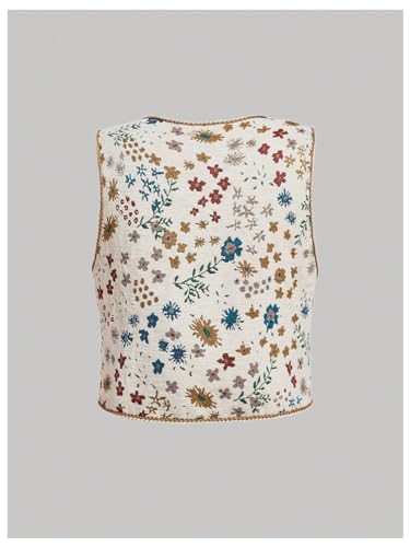 Gorglitter Women'S Plus Size Crochet Embroidered Vest Tie Front Vintage Floral Sleeveless Boho Vest Tops Beige 2Xl thumb #1