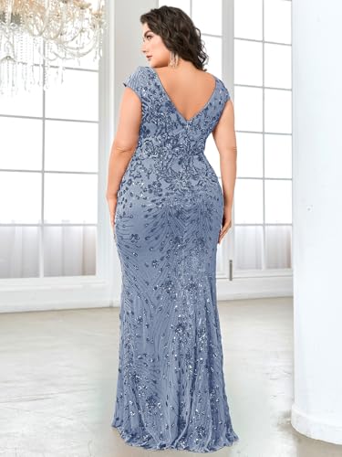 Image of Plus Size Womens Sequined Long Evening Gown Glamous Sleeveless V-Neck Mermaid Prom Dress for Wedding Party