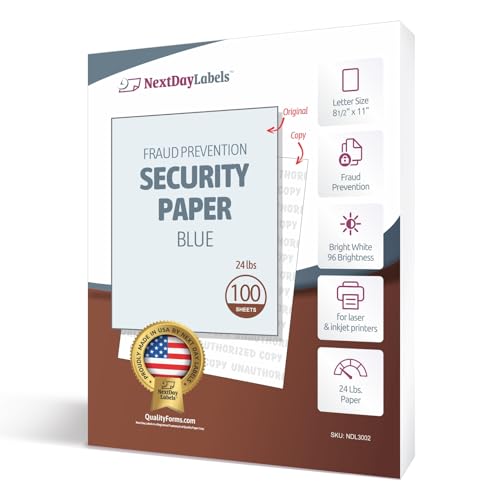NextDayLabels Blue Security Paper – Multi-Purpose – UNAUTHORIZED COPY – Fraud Prevention – Laser & Inkjet Printer Compatible – 8.5" x 11“ – 24 lb – 100 Sheets