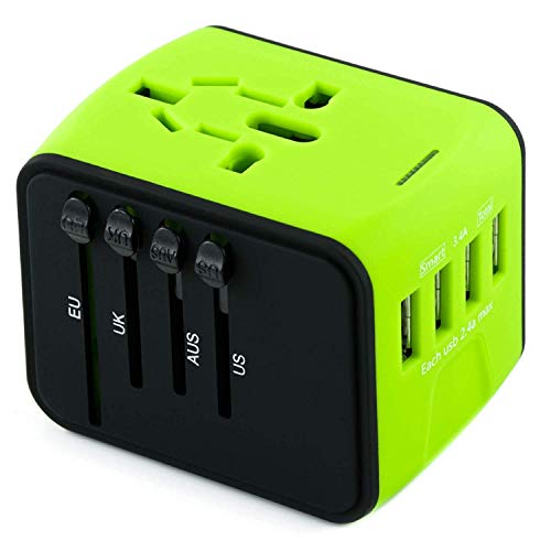 Limechoes International Travel Adapter Universal Power Adapter European Plug Converter Worldwide All in One with 2.4A 4 USB Ports and AC Socket US to Europe Plug Adapter for UK USA EU AUS Asia (Green)