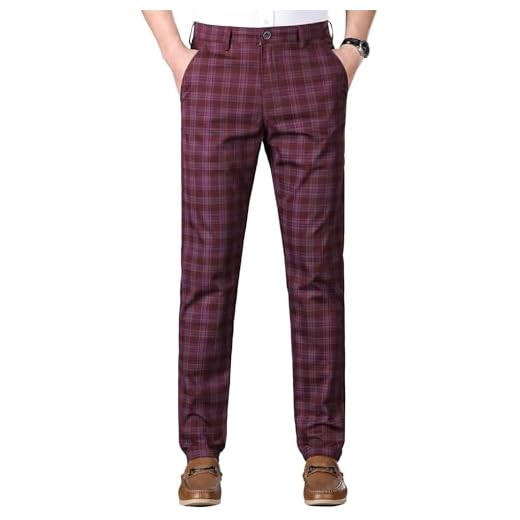 Yukirtiq Herr tweed rutiga stretchbyxor chinos rutiga byxor slim fit klassisk check golf retro byxor vintage stil botten, vin, 38W Regelbunden