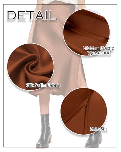 Image of Amy Babe Womens Satin Silk High Waist Slit Midi Skirt Long Skirts for Women | Elastic Waistband, Side Split, Midi Length, Below the Knee, Silky Fabric, Elegant, Fall Winter Outfits