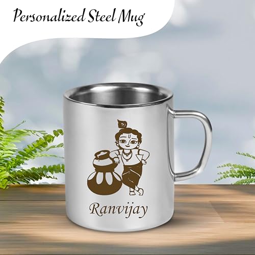 Image of SAVRI Personalized Stainless Steel Mug for Kids with Customized Name Engraved & Cartoon Design | 220 ml Double Wall Insulated Mug for School, Milk, Juice & Water (Krishna)