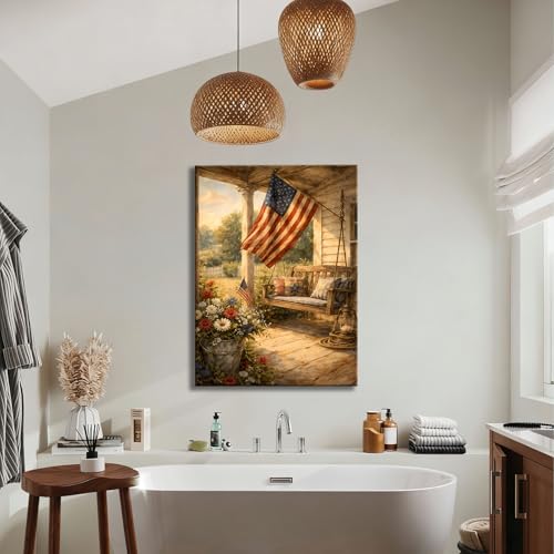 Image of RIBNTAK Patriotic Wall Art Canvas Prints Pictures, Rustic American Flag Porch Artwork Americana Farmhouse Independence Day Wall Decor for Living Room Bedroom, 4th of July Decorations for Home