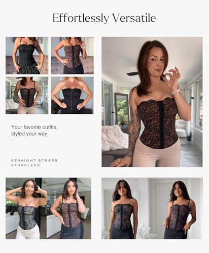Image of Popilush Corset Tops for Women - Shapewear Lace Top Detachable Strap Bustier with Buckle Summer