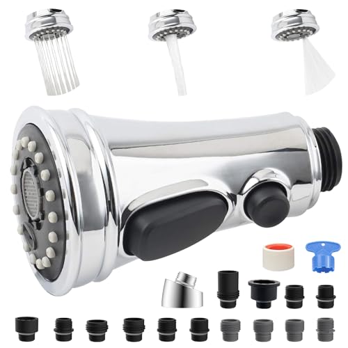 iFealClear Universal Kitchen Faucet Head Replacement, Pull Down Spray Head 3 Modes Kitchen Faucet Sprayer Head Replacement Compatible with Moen, Delta, Kohler, 15 Adapters, Chrome