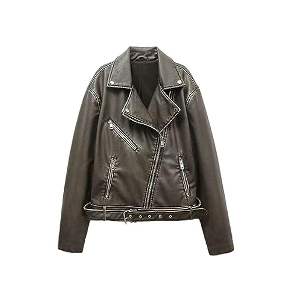 Adhdyuud Vrouwen Vintage Losse Rits Riem Pu Faux Lederen Jas Streetwear Moto Biker Jas Chic Uitloper