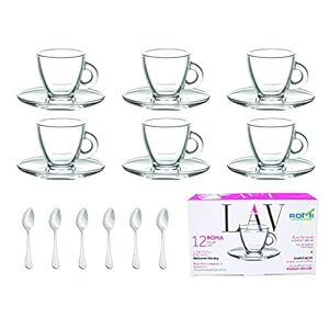 LAV 3.2-Ounce. Small Demitasse Clear Glass Espresso Drinkware, Set of 6 Cups/Saucers + Set of 6 Stainless Steel 18/10 mini Espresso Spoons! Hostess