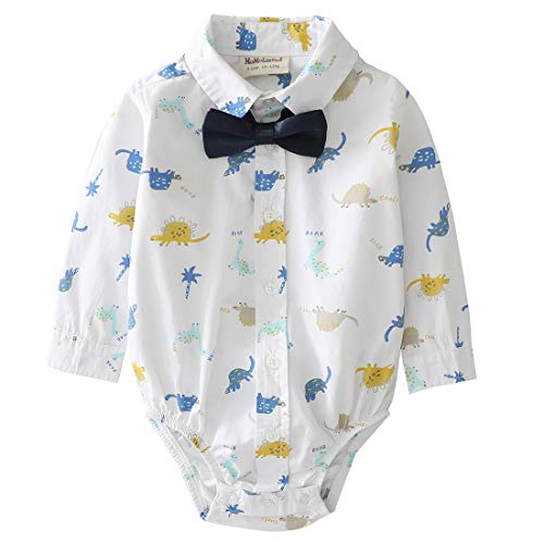 Image of MOMOLAND Infant Baby Boys Woven Button Up Bodysuit Shirt With Bow Tie, Dinosaur, 0-3 Months