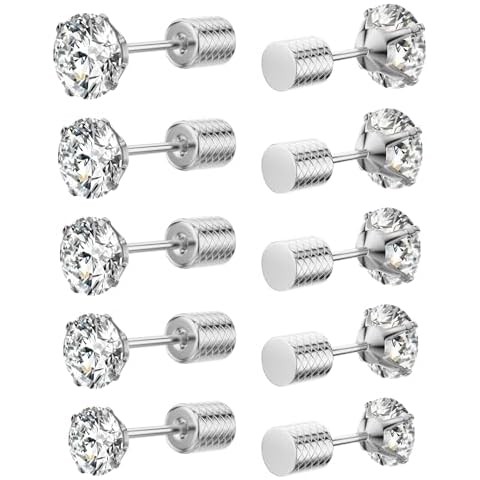 Wssxc 5 Pairs Flat Back Earrings for Women, Surgical Steel Earrings, Studs Earrings, 316L Surgical Steel CZ Earrings, Hypoallergenic Earrings for Sensitive Ears, Gift Box Included Cover