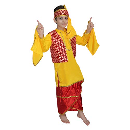 Image of Kaku Fancy Dresses Indian State Punjabi Folk Dance Costume For Kids /Bhangda Gidda Dance Costume For Boys - Yellow & Red, 5-6 Years