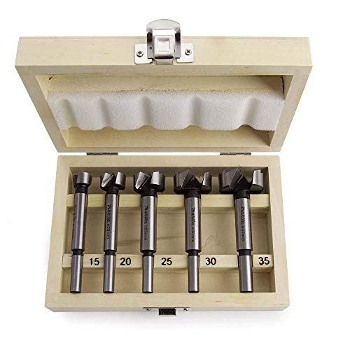 Makita D-47363 Forstnerbohrer-Set 5-teilig in Holzkassette, Ø 15, 20, 25, 30, 35 mm, für Weich- und Hartholz, 8 mm Rundschaft, Länge 90 mm
