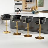 ABET Gold Bar Stool Set of 4, Velvet Swivel Barstools, Height Adjustable Counter Stools with Woven Backrest, Upholstered Modern Luxury Kitchen Stools with Footrest for Cafe, Pub, Black