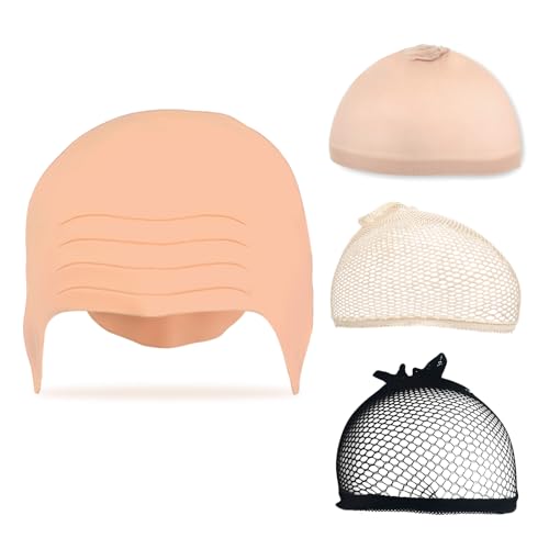 Donmnemb Latex Bald Cap with 3 PCS Nylon wig caps for women Men, Halloween makeup latex bald caps, wig grip caps for women non slip with Hairnet Halloween Cosplay Theme Party (Multicolor)