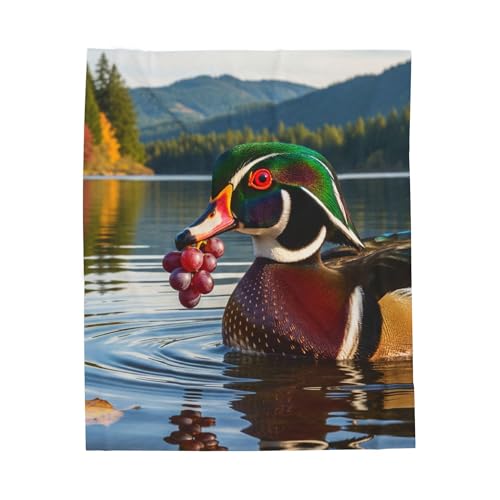 Cozy Velveteen Plush Blanket Featuring Wood Duck with Grapes in Oregon Lake