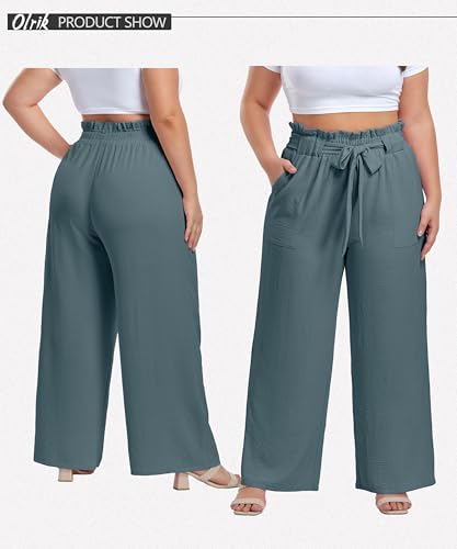 Image of OLRIK Women's Plus Size Pants Adjustable High Waisted Wide Leg Palazzo Pants Casual Trousers with Pockets Spring Clothes