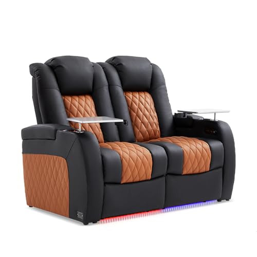 Image of Weilianda Home Theater Seating, Top Grain Leather Movie Theater Chair | Row of 2 Loveseat, Zero Gravity, Power Headrest, Tray Table, Electric Reclining Seat for Media Room
