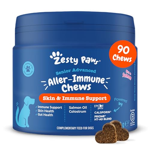 Zesty Paws Suplemento para Perros | Alivio de alergias e inmunidad | Antipicazón y Alivio de la Piel con antihistamínico | Aceite de salmón y Omega 3 | 90 Piezas