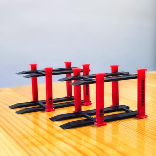 Image of 1 /64 Scale 2 Tier Car Lift Diecast Garage Diorama Accessory for Hot Wheels, Matchbox, Greenlight - Two-Tier Display Car Lift with Red Pillars & Black Base Set of 2 (RED-Black)