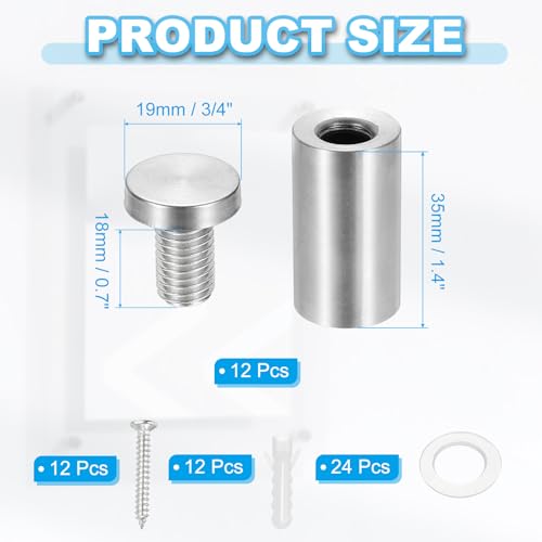 Image of PATIKIL 3 /4 inch x 1.6 inch Standoff Screws, 12 Pack Stainless Steel Wall Mount Sign Standoffs Mounting Hardware Advertising Nail for Hanging Acrylic Picture Frame, Silver
