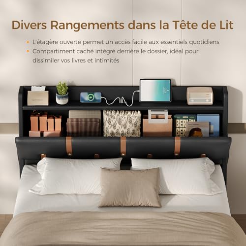 Lit 140x190 avec tête rangement + USB, KIMENICH