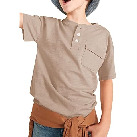 Kindenergy Boys Short Sleeve Tee Shirt Summer Button Down Tees Dress Henley Shirts with One Pocket Khaki Cover