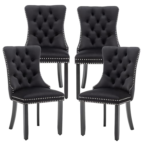 Tsuysi Mid Century Modern Dining Chair Set of 4 Velvet Upholstered Dining Room Chair Farmhouse Dining Accent Chairs with High Back and Nailhead Trim for Kitchen, Living Room, Bedroom (Black)