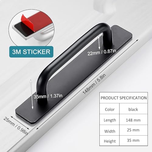 Image of 1 Pcs Self Adhesive Cabinet Door Handle Stick On Handle Self Stick Drawer Pulls No Drill Black Cabinet Pulls Peel and Stick for Glass Sliding (Black)