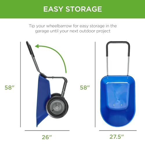 Best Choice Products Dual-Wheel Home Utility Yard Wheelbarrow Garden Cart w/Built-in Stand for Lawn, Gardening, Construction - Blue - Image 5