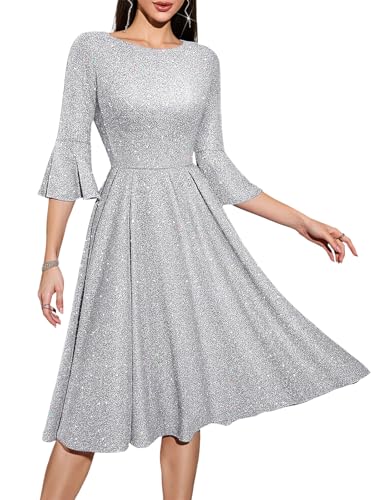 Image of HomRain Women's Church Dresses Modest Bell Sleeve Wedding Guest Cocktail Tea Party Vintage Evening Dress