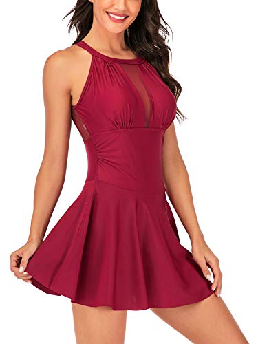 WonderBabe Maiô feminino verão fashion maiô controle do abdômen maiô saia enrugada maiô maiô Vermelh