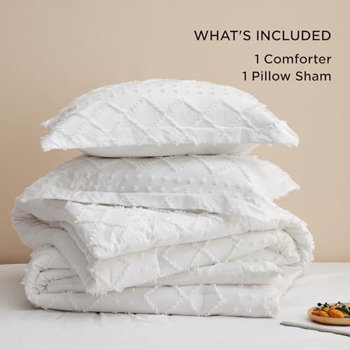 Image of Bedsure Twin XL Comforter Set - White Comforter, Boho Tufted Distressed Vintage Bedding for Kids, 2 Pieces Farmhouse-Style Bed Set for All Seasons, Fluffy Soft Bedding with 1 Pillow Sham
