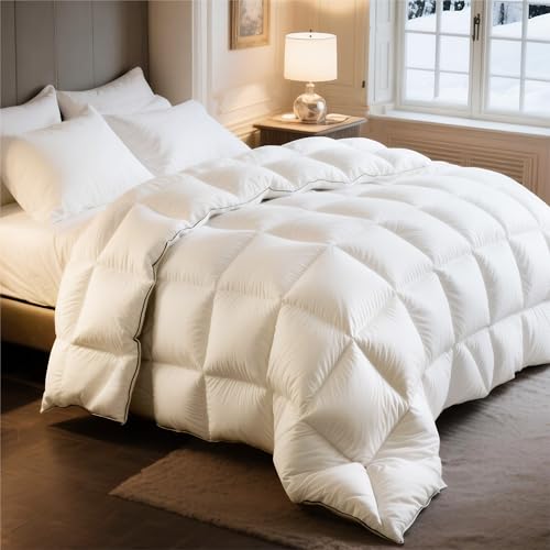 Bedsure Feather Down Comforter King Size, Luxurious Fluffy Hotel Duvet Insert with Storage Bag & 8 Corner Tabs, Ultra Soft Cotton Blend Fabric (106x90 Inches, White)