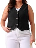 Agnes Orinda Plus Size Linen Vest for Women Sleeveless Lined Waistcoat Vest Top with Pockets Fashion Casual Fall 2024 2X Black