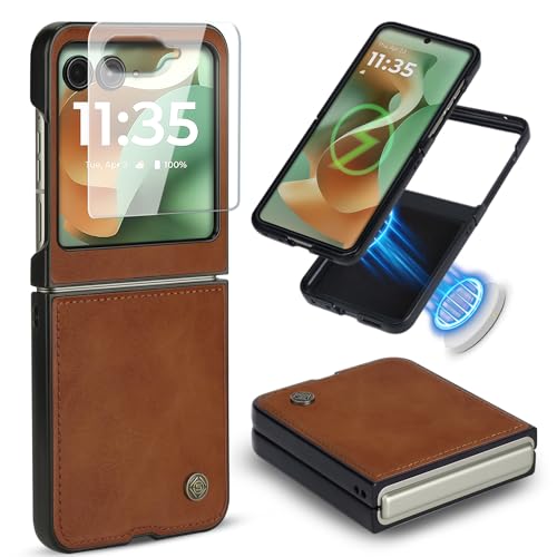 ASAPDOS Leather Folio Magnetic Case for Motorola Razr 2025/2024[Not fit Ultra or Plus][Compatible with MagSafe],Built-in Screen Protector and PU Leather Thin Slim Protective Case Cover Brown