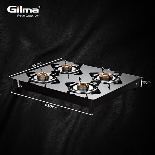 Image of Gilma Rio 4 Burner Gas Stove | Jumbo Brass Burner | 6mm Toughened Glass Top | Powder Coated Body | Vitreous Enamel Pan Supports | Gloss Black | Manual Ignition | 2 Years Warranty By Gilma