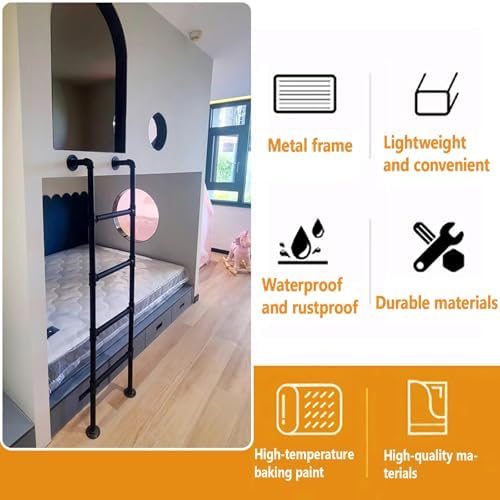 Heavy-Duty Black Metal Bunk Bed Ladder - 7ft Wall-Mounted Step Ladder for Attic Egress & Basement Window, Supports 330lbs, Ideal for High Entrances & Safety Access