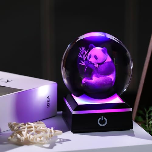 Image of 3D Panda Crystal Ball with Color-Changing LED Base - Laser Engraved Panda Gift for Women Men Kids, Decorative Night Light Paperweight for Desk /Bedroom - 3.15inch