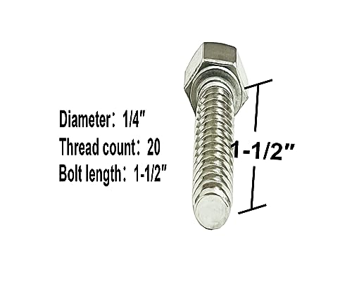 Image of 304 Stainless Steel Hex Bolt Set, 1 /4 inch-20 X 1-1 /2 inch Bolts with Nuts, Lock Washers, Flat Washers, 12 Set /Bag