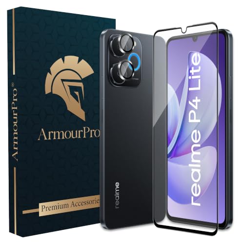 Image of ArmourPro Edge to Edge Tempered Glass for Realme P4 Lite with Black Camera Ring Guard, 9H Screen Protector, Anti-Scratch, Anti-Fingerprint, Bubble-Free Installation Kit