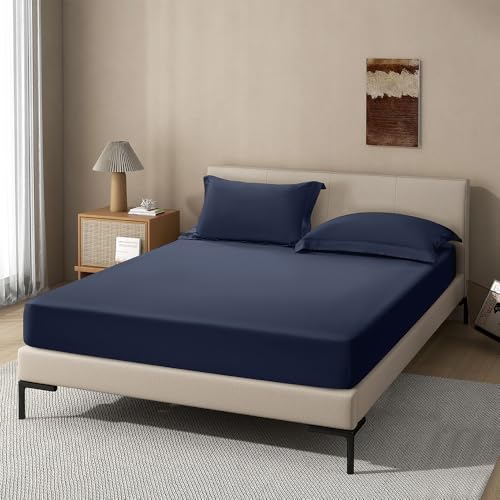 Image of Navy Fitted Sheet,Queen Size Fitted Sheet with Deep Pocket 18 inch,Ultra Soft & Breathable FittedSheet Easily Fits 18 inch to 24 inch Mattress