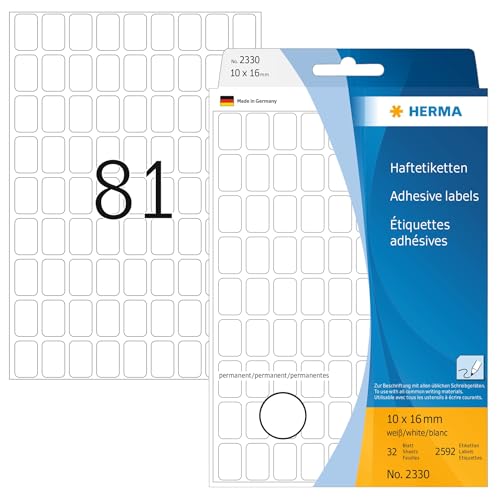 HERMA 2330 Vielzweck-Etiketten, 2592 Stück, 10 x 16 mm, 81 pro Bogen, selbstklebend, Haushaltsetiketten zum Beschriften, matt, blanko Papier Klebeetiketten Aufkleber, weiß