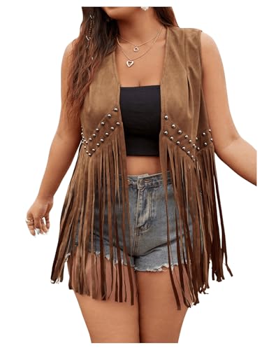 OYOANGLE Women's Plus Size Suede Fringe Vest Sleeveless Rivets Boho Tassel Hippie Jacket Outerwear