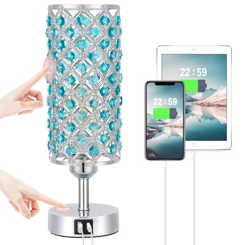 Hong-in Blue Crystal Table Lamp - 3-Way Dimmable Touch Control,