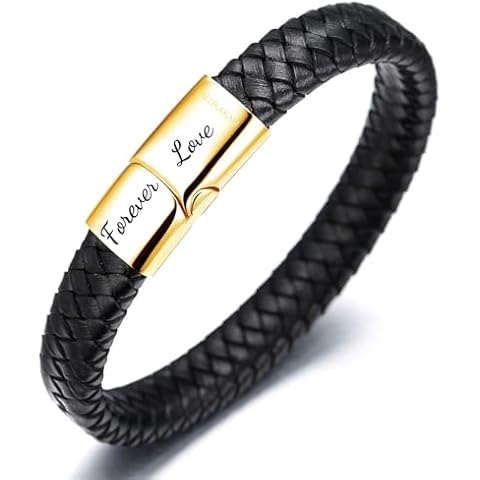 HALUKAKAH Gift for Kid Boys Birthday Christmas: 24k Gold Plated Titanium Leather Bracelet 19cm. Forever Love Engraved Cover