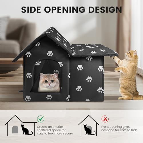 WHDPETS Katzenhaus Outdoor, Katzenhöhlen Für Draußen Winterfest Wasserdicht, Faltbare Wasserdicht Wetterfester Katzenhöhle Haustierhaus, Katzenhaus Tierheim Für Streuner Haustiere(Black)