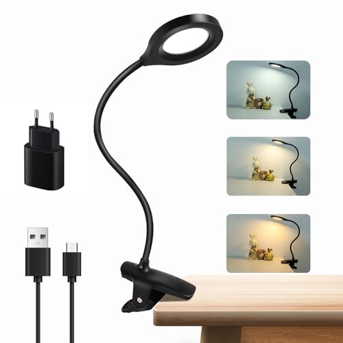 Akynite Luz de Escritorio con Pinza sin Cable, USB Recargable, 1050LM, 3 Colores y 3 Niveles de Brillo, Luz de Lectura Cama Táctil & Regulable, Flexo Pinza para Luz de Trabajo, Negra