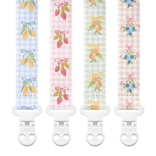 Image of Stadela Baby Fabric Pacifier Clip Holder, Plastic Clip, 4‑Pack, Fruits Pattern, Clementine Set