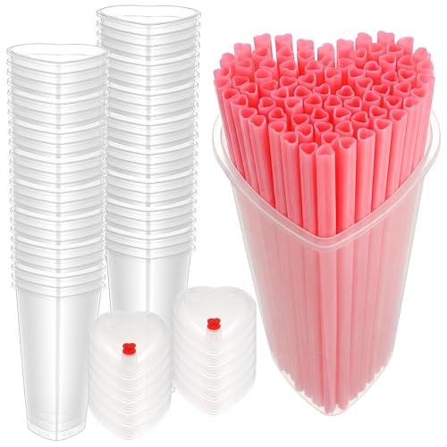 50 Sets Heart Shaped Plastic Cups with Straws and Lids 16 oz Disposable Clear PP Cups with Pink Heart Straws & Airtight Lids for Valentines Day Bridal Shower Birthday Wedding Party Supplies